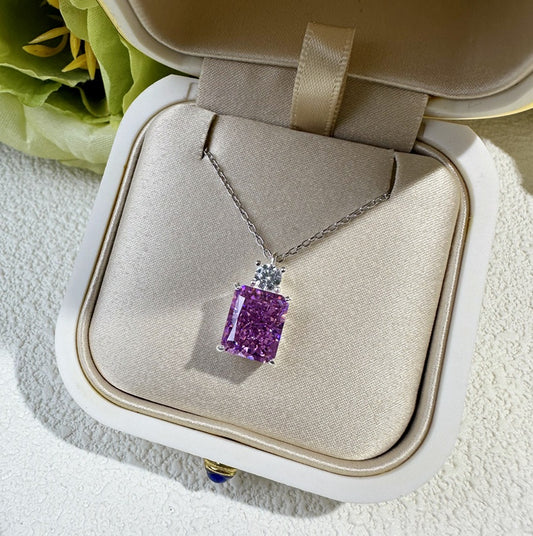 Deep Tanzanite Rectangular Necklace With Ice-Flower Cut High-Carbon Diamond Pendant