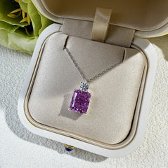 Deep Tanzanite Rectangular Necklace With Ice-Flower Cut High-Carbon Diamond Pendant